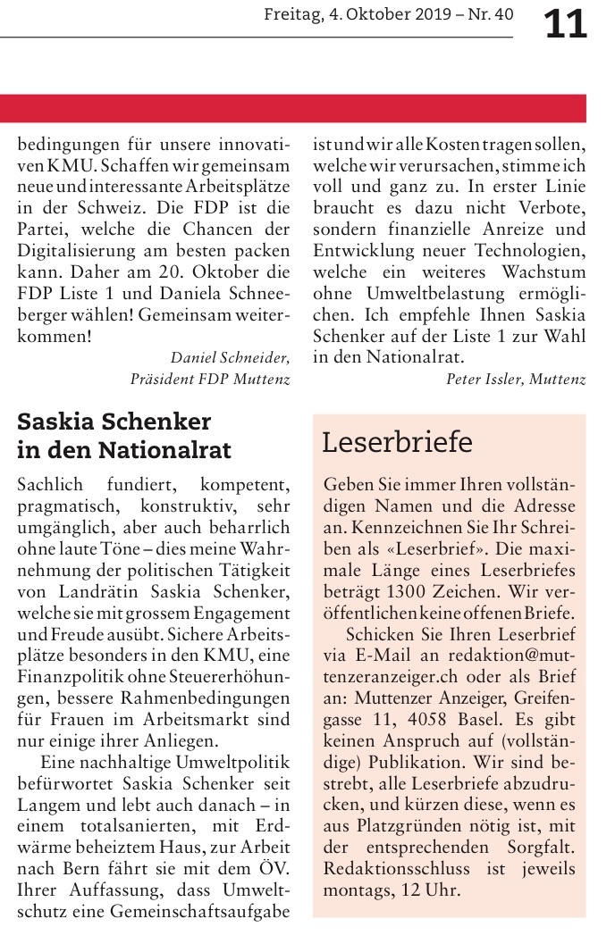 4.10.19 Muttenzer Anzeiger «Saskia Schenker in den Nationalrat»