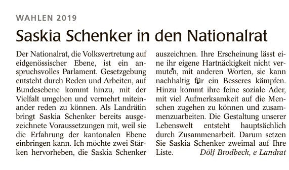 10.10.19 Wochenblatt Birseck «Saskia Schenker in den Nationalrat»