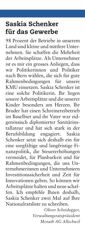 18.10.19 Allschwiler Wochenblatt «Saskia Schenker für das Gewerbe»